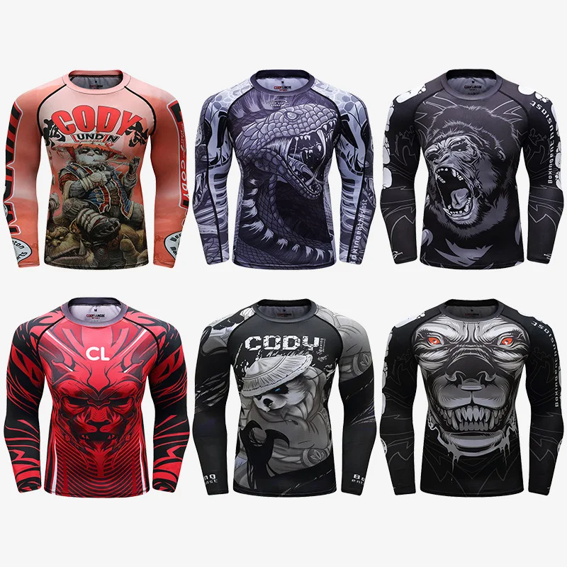 Cena Bjj Gi Rashguard Jiu Jusit MMA koszulka męska z długim rękawem oddychająca Muay Thai koszule odzież MMA kompresja 3D koszulki bokserskie