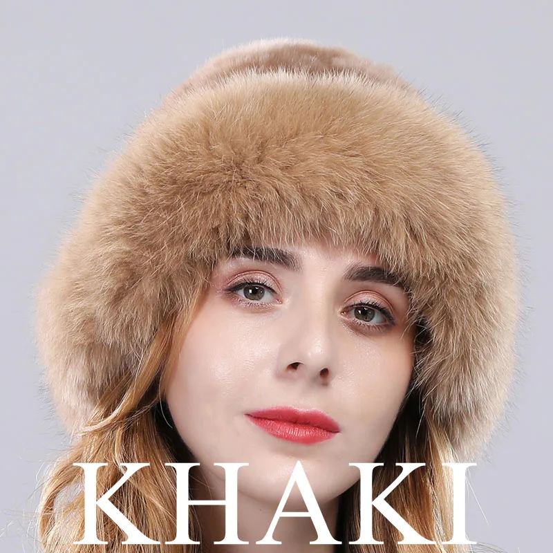 Зимняя теплая меховая шапка для женщин, настоящий мех кролика, шапка с отделкой из лисьего меха, толстые мягкие шапки для русской зимы - Цвет: khaki