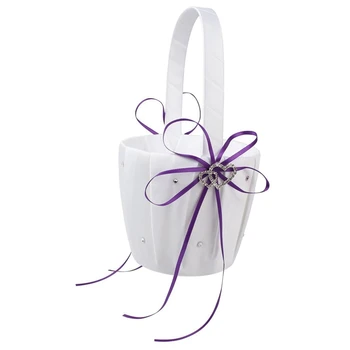 

Double Heart Wedding Flower Girl Basket White Satin Rhinestone Decor Purple Wedding Party Favor