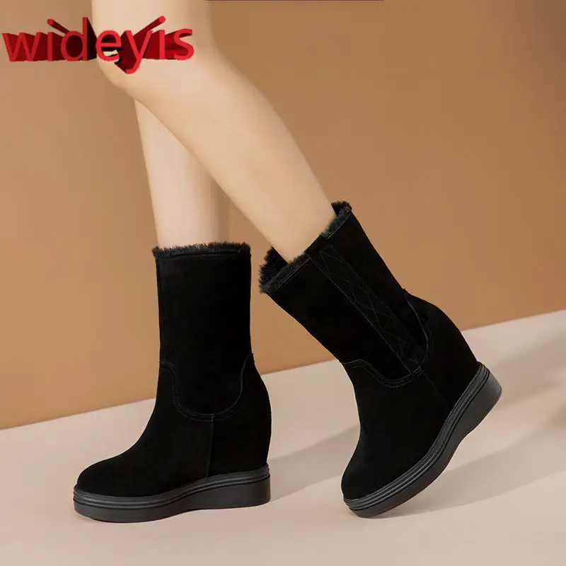 

Boots women WIDEYIS new matte leather snow boots women thick warm wool inside women's boots increased heel medium calf boots