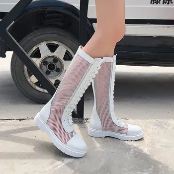 

High cylinder mesh mesh leather Martin boots boots high boots autumn new women's riding boots white black orange