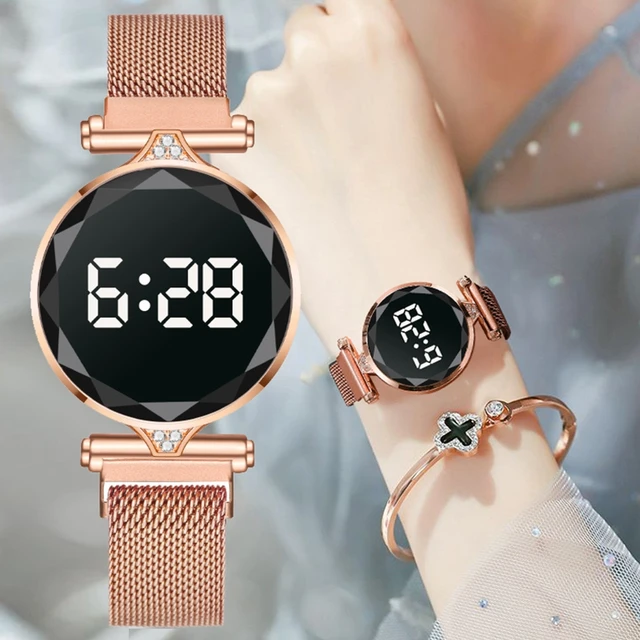 Women's Digital Watch Mesh Band Magnetic Watch Ladies Magnet Touch Screen  Rose