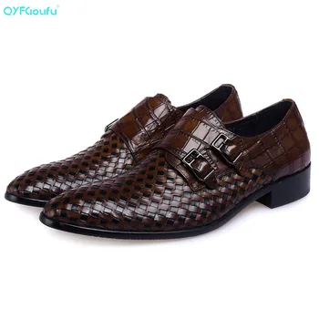 

QYFCIOUFU Genuine Leather Men Oxford Shoes Classic Shoes Style Weave Lace Up Man's Wedding Office Party Dress Leather Shoes Men