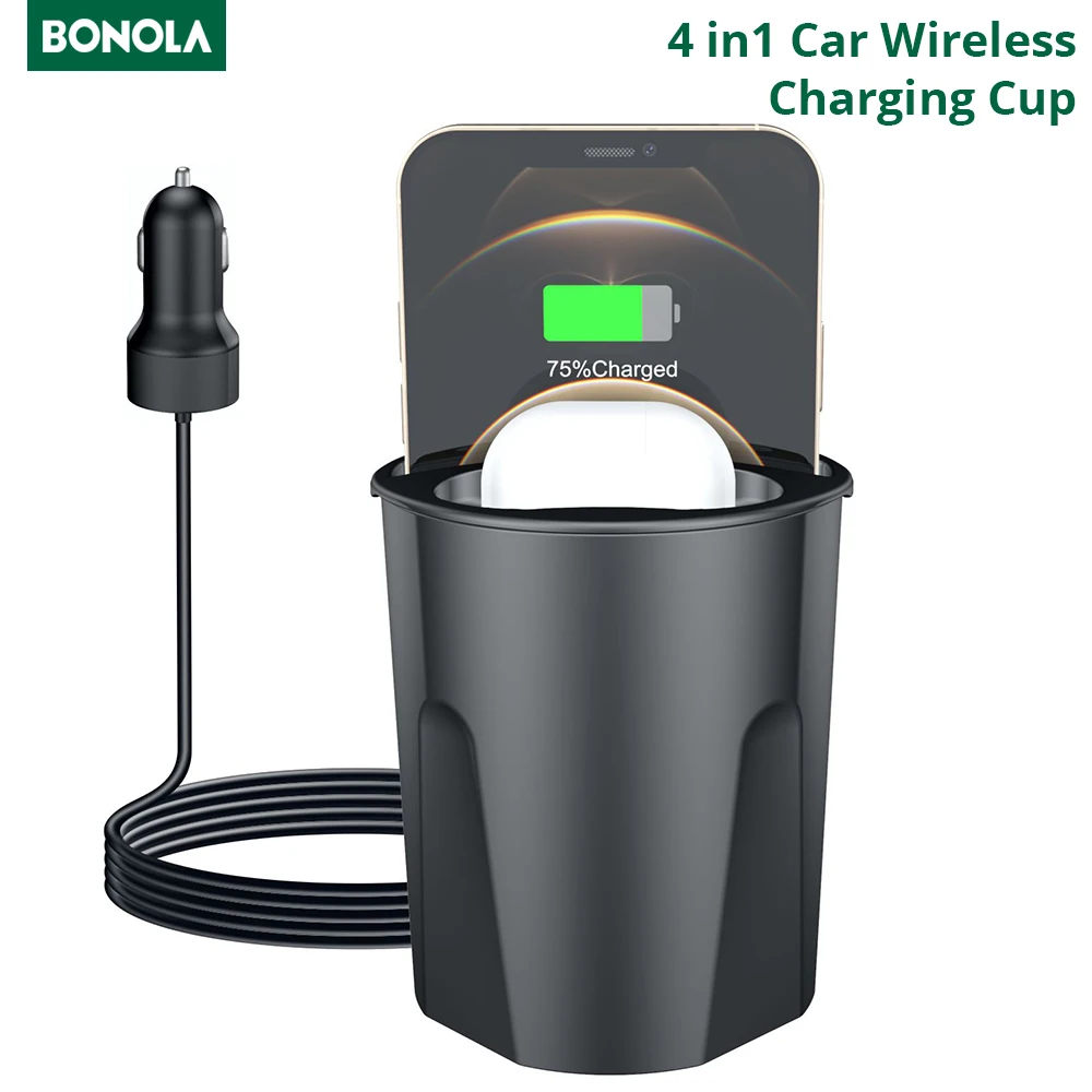 Bonola Car Wireless Charger Cup for iPhone 12/XS/8/11/Airpods 2/Pro Wireless Car Chargers Cup for Samsung S21/S20/Note 10 Plus