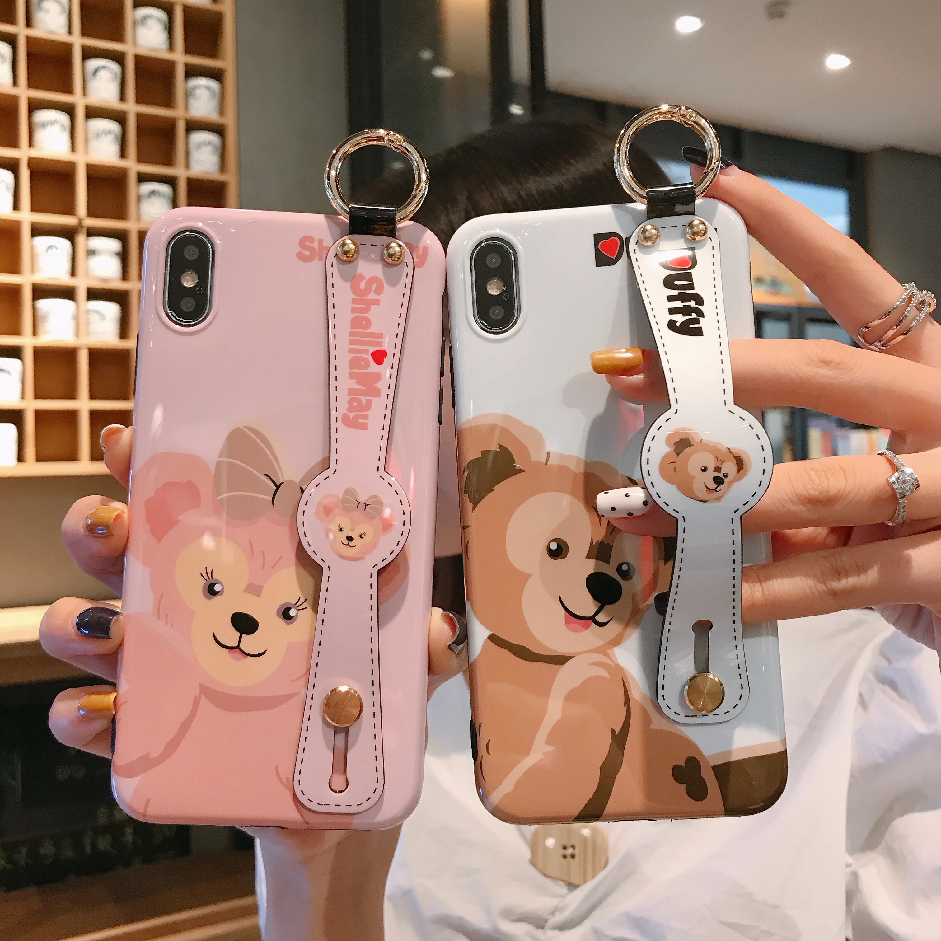 

Starktni Cute Pink Bear Wrist trap Phone Bag Case With Kickstand For iphone X XS MAX 6 6S Plus XR 7 8 Plus Soft Case Funda Capas