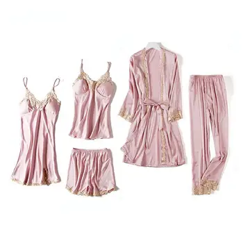 

Lady 5PCS Pajamas Suit Bride Bridesmaid Wedding Robe Gown Satin Nighty&Robe Set Lace Patchwork Homewear Nightwear Sexy Bathrobe