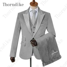 Мужской серый бархатный костюм с серебряными лацканами, приталенный Мужской Блейзер на одной пуговице для свадьбы, вечерние смокинги(Блейзер+ жилет+ брюки