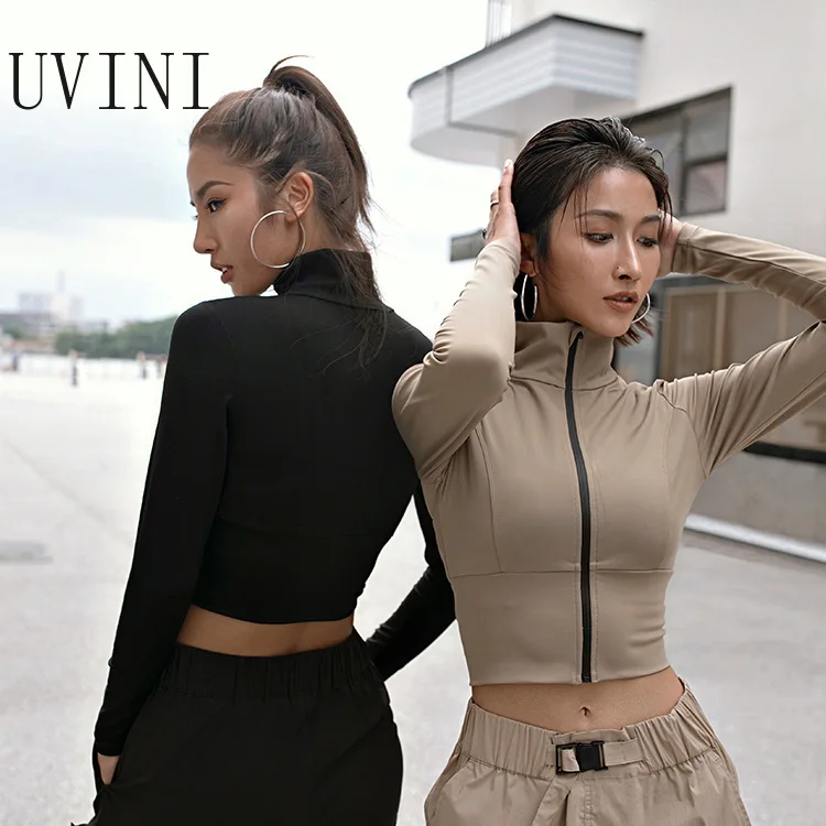 

Slim Fit Mandarin Collar Workout Sport Coat Crop Tops Women Full Zipper Nylon Jogger Fitness Jacket
