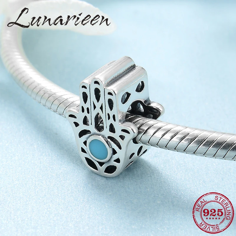100% real 925 Silver Blue Enamel Charm Fatima hand Beads DIY Jewelry Fit Original europeu Charms Bracelets Fashion 2019 | Украшения и