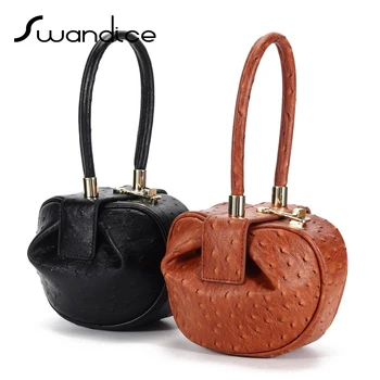 

2020 Real Genuine Leather Ostrich Pattern Vintage Bell Round Barrel Small Handbags Evening Wrist Bags Women Female Pouch Vintage