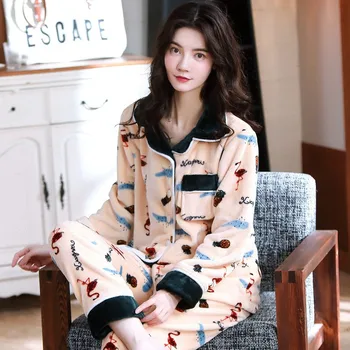

Thick Coral Fleece Pajamas Set Print Flannel Sleep Set Winter Warm Women Sleepwear Nightwear Casual Homewear 2PCS Shirt&pant
