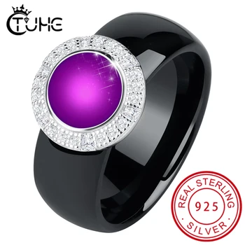 

100% Real 925 Sterling Silver Noble Purple Ceramic Rings for Women Bling CZ Crystal Big Circle 8MM Width Women Finger Rings