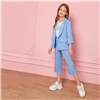 SHEIN/Детский комплект из блейзера и штанов для девочек пастельного синего цвета с воротником-тупым вырезом, Детские комплекты г. Осенняя повседневная одежда с длинными рукавами 3/4