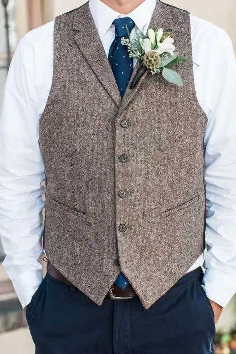 

2020 Formal Wedding Gray Wool Vests Custom Made Groom Vest Slim Fit Mens Dress Suit Vest Prom Wedding Waistcoat Tied Back