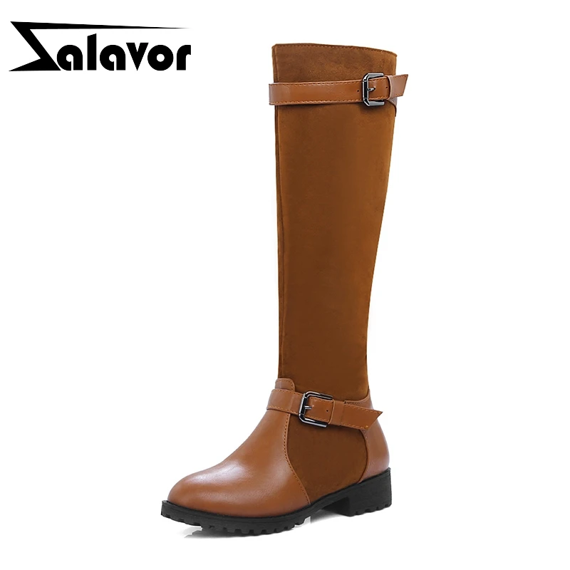 

ZALAVOR Women Knee High Boots Brand 2020 New Winter Metal Buckle Flats Boots Warm Patchwork Casual Shoes Women Plus Size 34-44