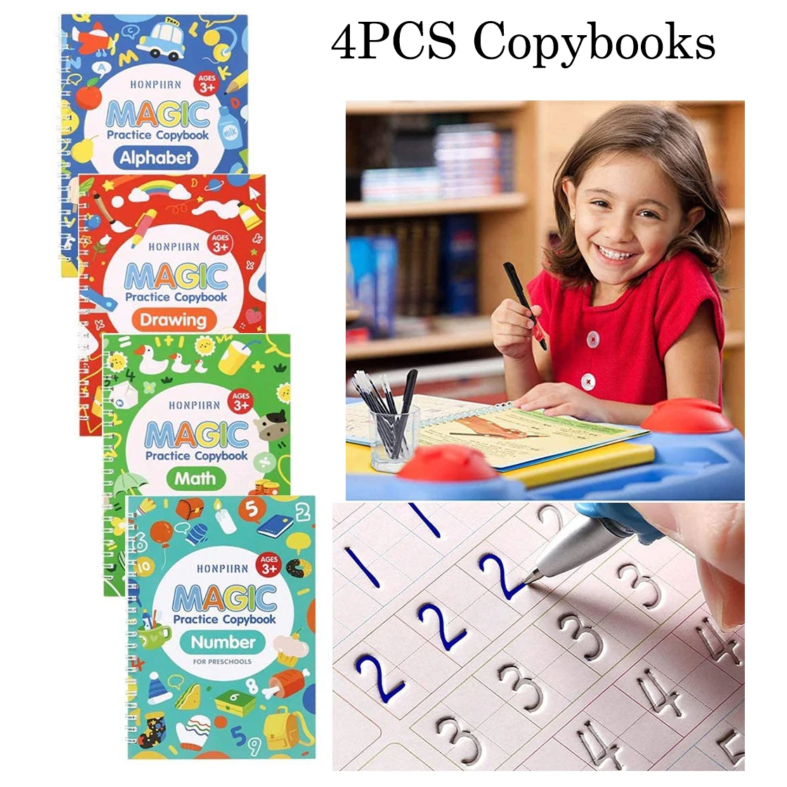 4 Books Children's Writing Exercise Book With Erase-Free Automatic  Vanishing Pen 3-6-Year-Old English Groove Calligraphy Gift - AliExpress