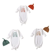 Спальный мешок для младенцев 0-6 м, комплект для сна с милым мультяшным радужным принтом для маленьких девочек и мальчиков, однотонная шапка, ...