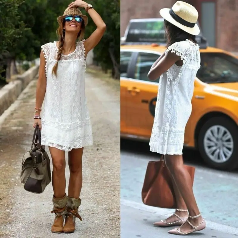 New 2020 White Dress Women Casual Lace Sleeveless Beach Short Dress Bohemian Tassel Clothes Mini Dresses Sukienka Damska Vestito
