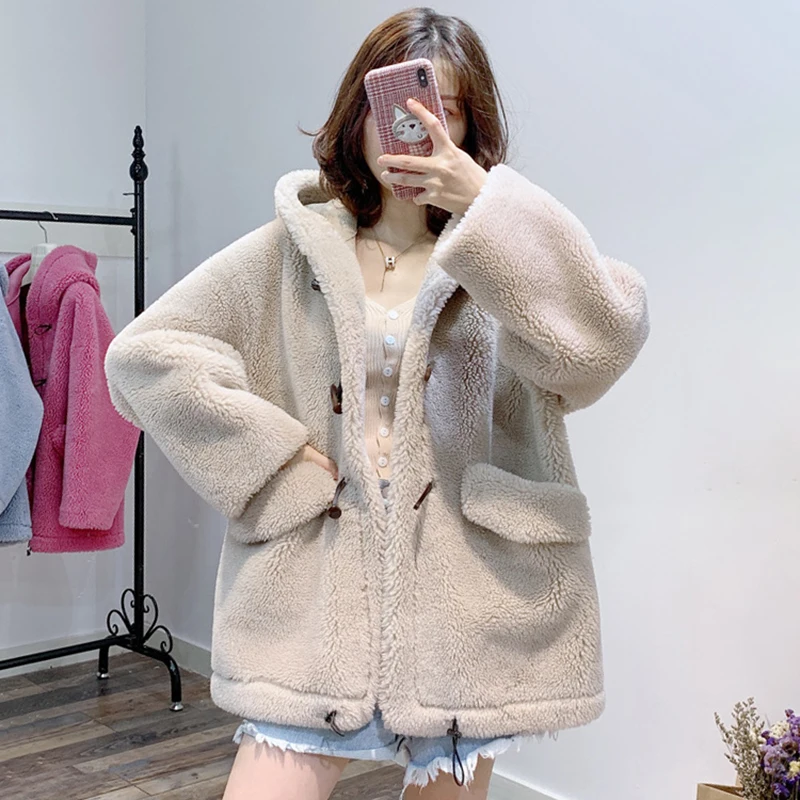

Faux fur coat with hood plus size teddy coat 2019 new fashion winter 30% real sheep fur coat women fluffy warm