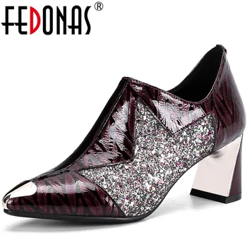 

FEDONAS Women Pumps Glitters Side Zipper Metal Decoration Prom Shoes Classic Design Cow Leather Spring Summer Shoes Woman