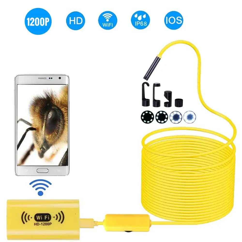KKMOON 1-10m беспроводная эндоскопическая камера водонепроницаемая 8 мм WiFi инспекция 2.0MP HD 8 светодиодный Полужесткий кабель бороскоп - Цвет: Цвет: желтый