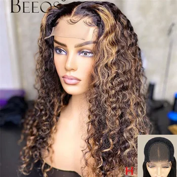 

Beeos 180% Highlight Colored 4*4 Lace Closure Curly Hair Wig Pre Plucked Hairline Brazilian Remy Human Hair Wigs Bleached Knots