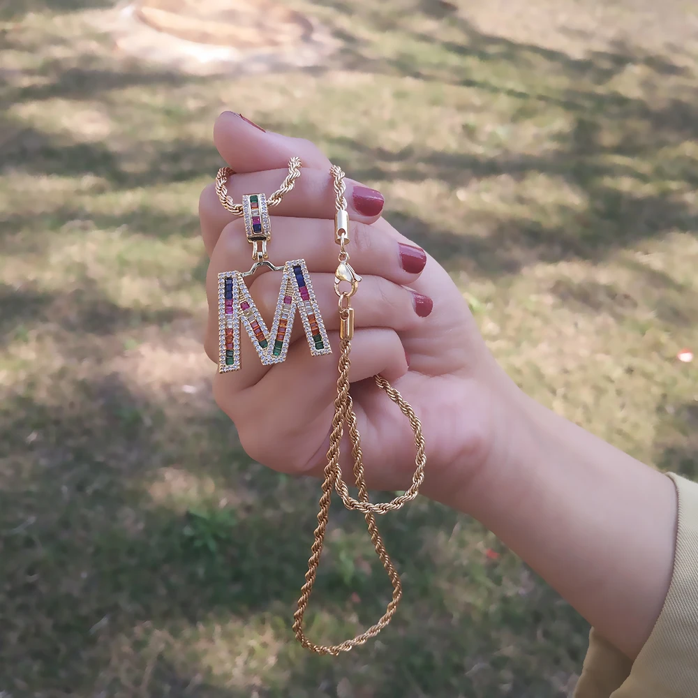 

Initial Name Swag Chain Necklace Letter Rainbow Jewerly Gift collar letra 2020 CZ Hip Hop Alphabet Twist Chain Punk Necklace Men