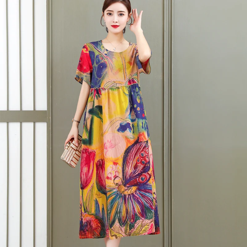 

Women floral print dress Elegant short sleeve a line o-neck dress High waist work wear office lady dress