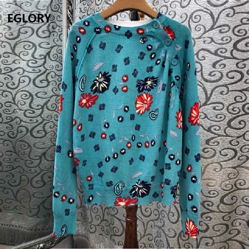 

High Quality Sweaters 2019 Autumn Winter Pullovers Women Vintage Patterns Knitting Long Sleeve Casual Blue Jumpers Ladies