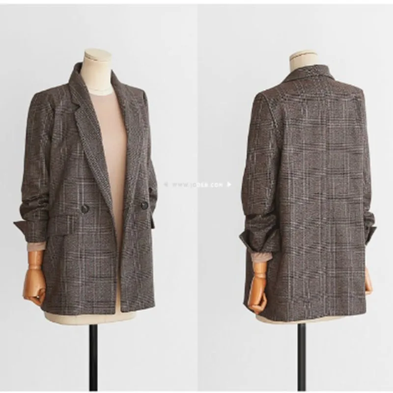 Autumn Blazer Women 2022 New Plaid Korean Jackets Long Sleeve Notched Vintage Casual Fashion Winter Office Lady Jackets 4XL 5XL