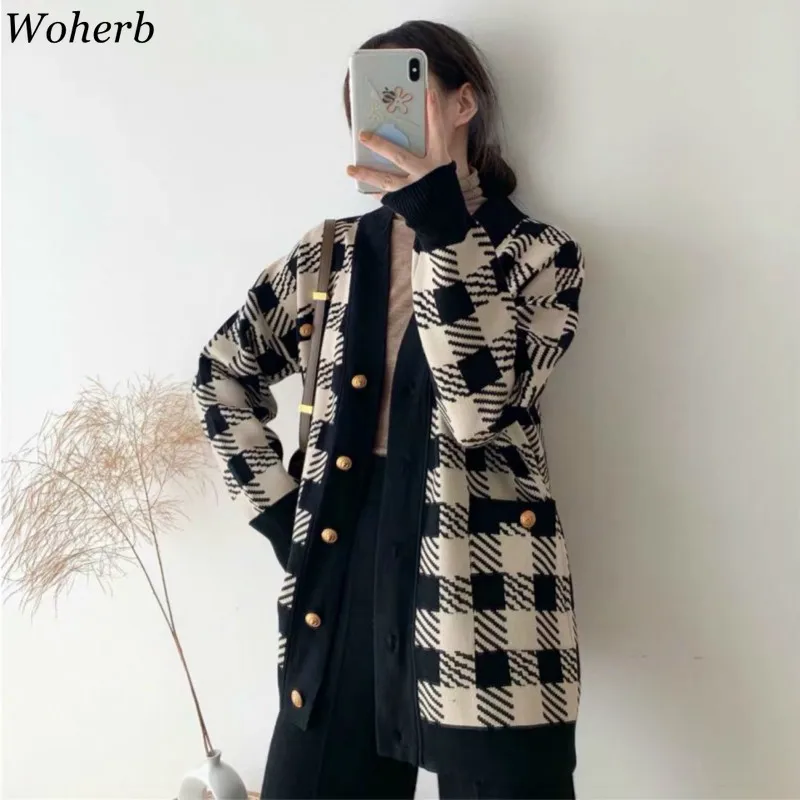 Woherb, элегантный вязаный кардиган с v-образным вырезом для девушек, Осень-зима, вязаные свитера, корейский стиль, Женские клетчатые кардиганы, свитшоты для женщин, Invierno