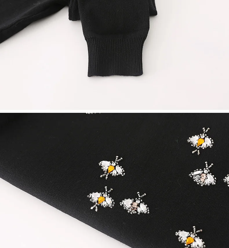 Весенне-осенние повседневные универсальные черные пуловеры, качественный свитер, роскошный вязаный свитер ручной работы с пчелами и бисером