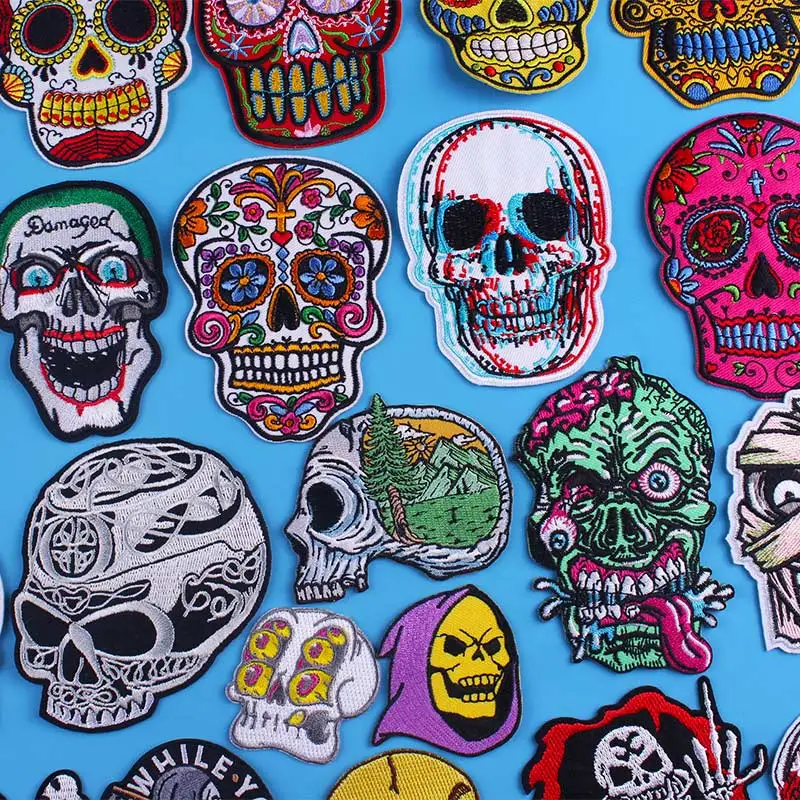 

Skull Iron On Embroidered Patches For Clothing thermoadhesive patches Hippie Patch Biker Punk Stripes Cloth Badge Skull Patch