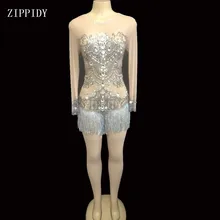 Модные стразы прозрачное боди стрейч комбинезон с камнями праздновать Леггинсы наряд для женщин певица выпускного вечера танцевальная одежда