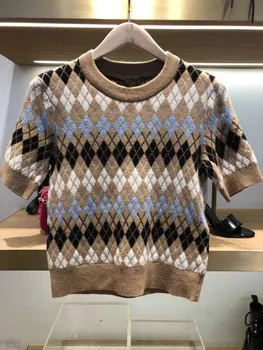 

2020 Summer Lady Blended Diamond Plaid Jacquard Knitting Shirt Short Sleeve Top Female 91129