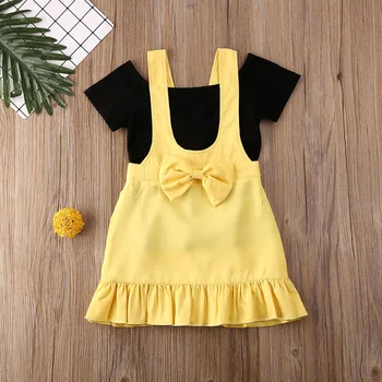 

Pudcoco Toddler Baby Girl Clothes Solid Color Off Shoulder Short Sleeve Tops Strap Bowknot Dress 2Pcs Outfits Casual Clothes
