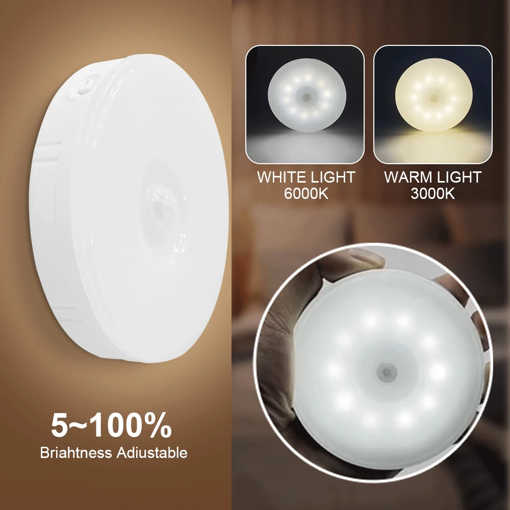 PIR Motion Sensor LED Night Light USB Rechargeable Dimmable Wall Lamp  Wireless Magnetic Cabinet Closet Light for Bedroom Kitchen|LED Night Lights|  - AliExpress