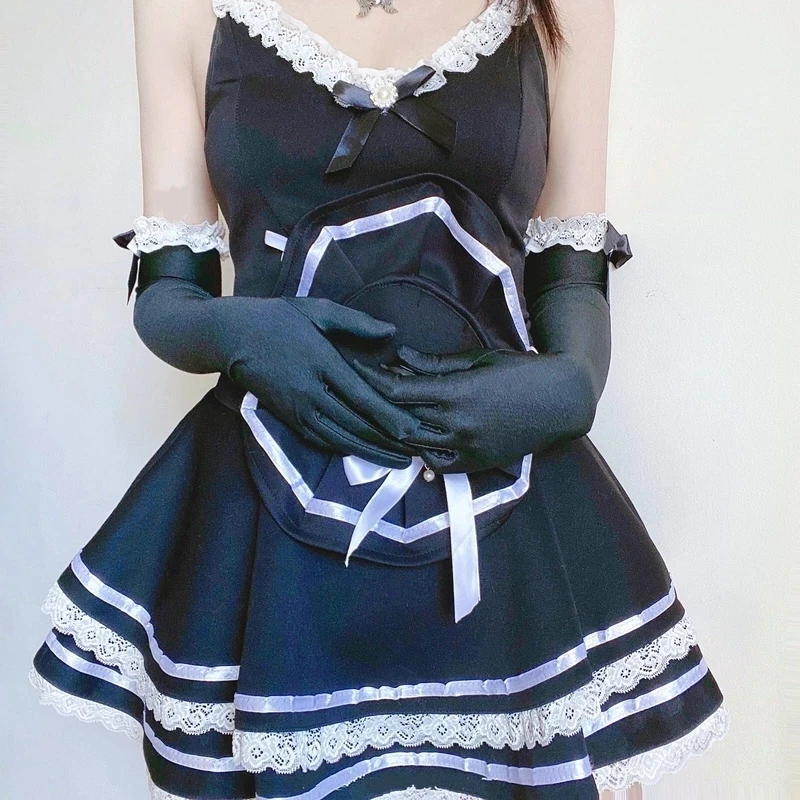 

Sexy Maid Cosplay Costumes Cute Black Nightgown And Thong Anime School Girl Gothic Outfit For Woman With Hat And Glove