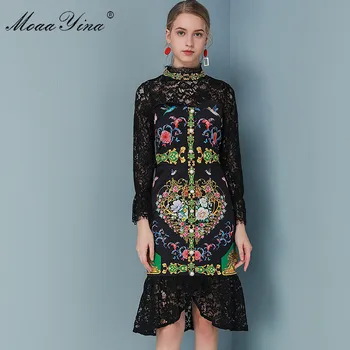 

MoaaYina Fashion Designer dress Spring Summer Women's Dress Lace Long sleeve Floral-Print Black Dresses