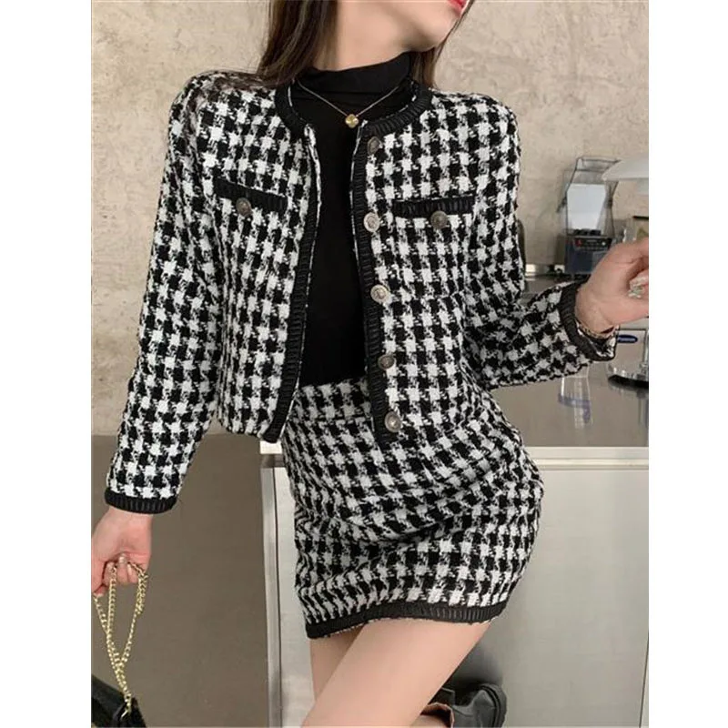 Vintage Houndstooth Tweed 2 Piece Set Women Small Fragrance Cropped Jacket And Mini Skirt Elegant Suit Fall Fashion Matching Set