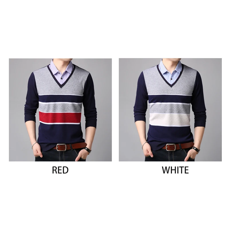 60% OFF Man Pullovers Winter New Fashion Vneck Sweater Fit Knitting Casual Style Clothing Hot Sale Standard Male Tops Fake Two Pieces
