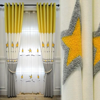 

Cartoon Stars Window Curtains Yellow Splice Grey Curtain Fabric for Kids Bedroom Embroidered Tulle for Girls Boys room AD193D3