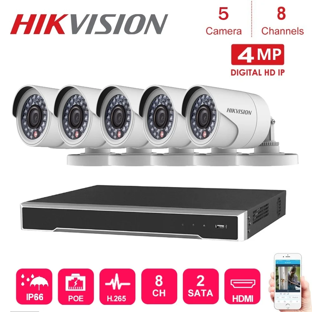 

4K Network 8-CH Hikvision NVR Video Recorder with 5 pcs 4MP waterproof IP Camera Night Vision CCTV Security System POE Kits