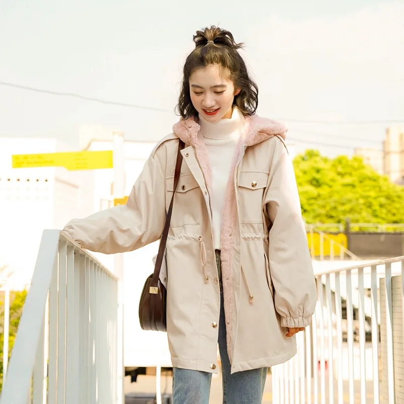 

2019 Winter New Style Korean-style Loose-Fit Brushed And Thick Mid-length Hooded Dehaired Angora Cotton-padded Clothes Woman Cot