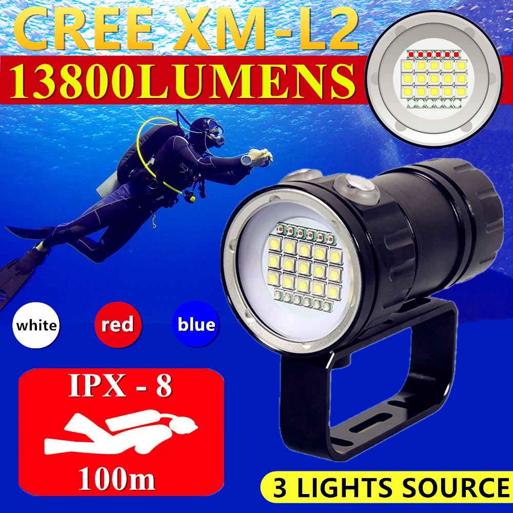 Водонепроницаемый светодиодный фонарик для подводного плавания IPX8 L2/XHP90/XHP110