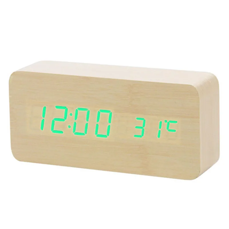 Светодиодный Деревянный Будильник Часы Настольный Голосовое управление цифровые деревянные часы электронные настольные часы Настольный Декор USB/с питанием AAA - Цвет: Bamboo green word
