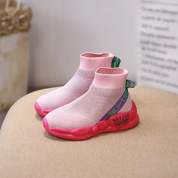 Kids Shoes Autumn Fashion Girls High Top Socks Shoes Boys Breathable Sports Sneakers Children Casual Black Trainers FH2465 - Цвет: Розовый