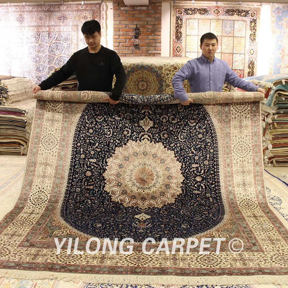 YILONG 8 'x 10' синий медальон ручной работы Шелковый персидский ковер для гостиной
