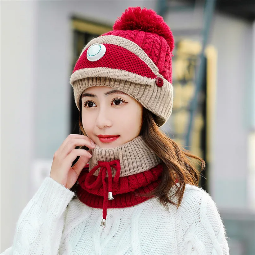 Winter Knit Set Women Girls Patchwork Ball Hat Skullies Beanies Lace-up Scarf O Ring Face Mask Woman Ski Cap 9108
