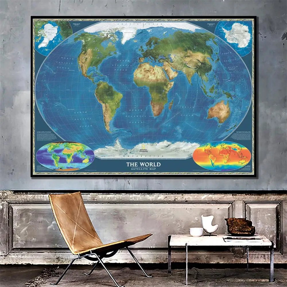 

150x225cm The World Satellite Map with Earth Surface Temperature And Biosphere Map For Office Living Room Wall Decor